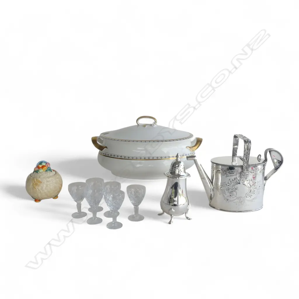 10 ITEMS; TUREEN, EP TEAPOT & SIFTER, 6 GLASSES, CLARICE CLIFF LIDDED SUGAR BOWL Image 1++