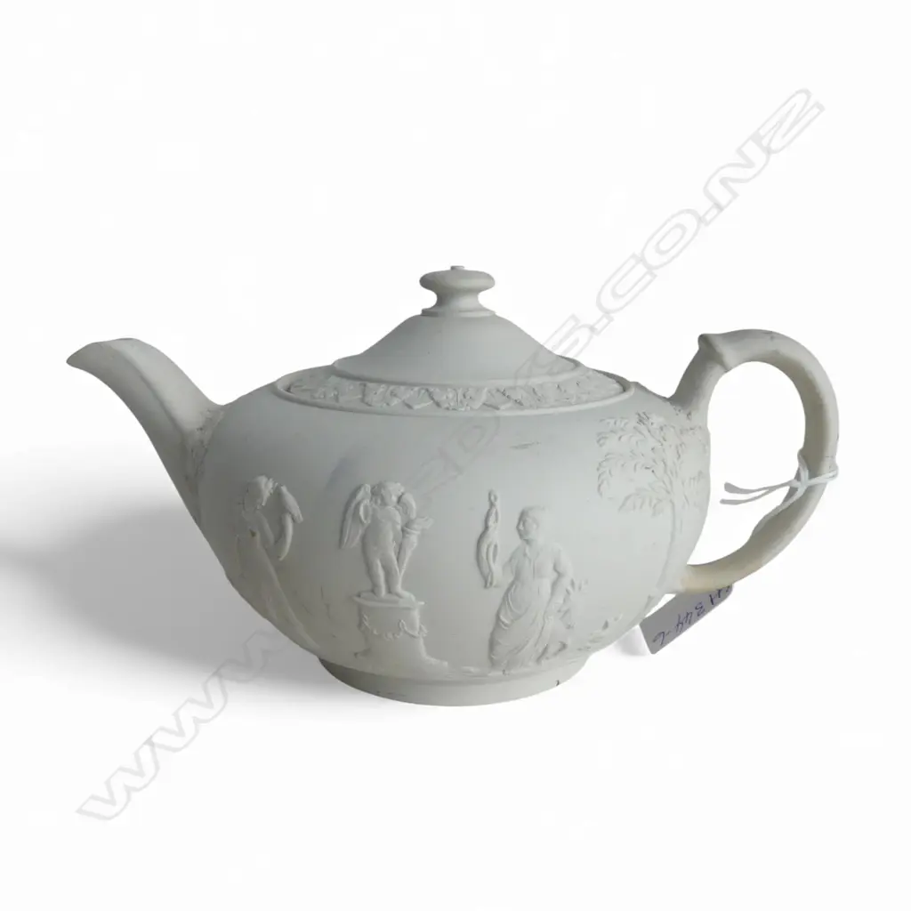 OLD WEDGWOOD BISQUE TEAPOT WITH GLAZED INTERIOR, GREEK SCENES IN RELIEF PLAIN NO COLOUR Image 1++