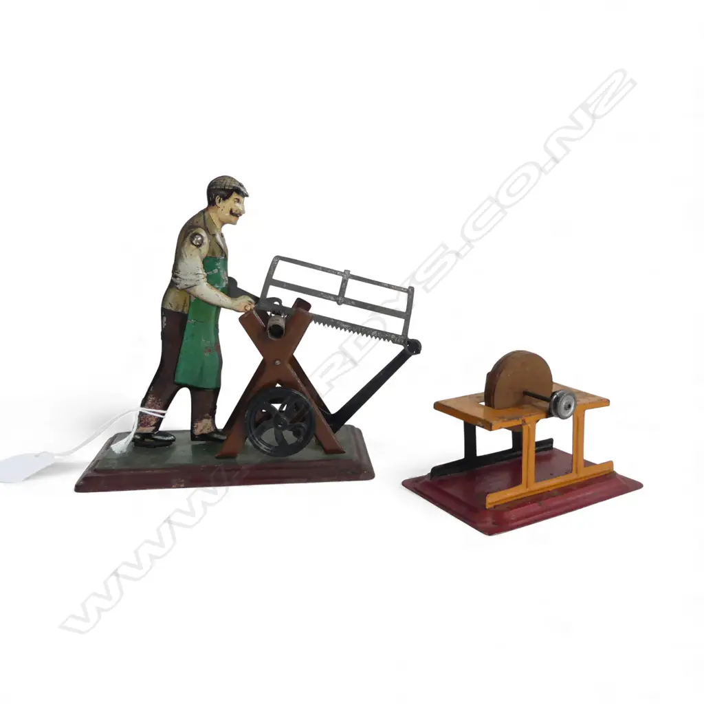 2 VINTAGE GERMAN TIN TOYS; SAWING MAN & WHEEL H.140mm Image 1++