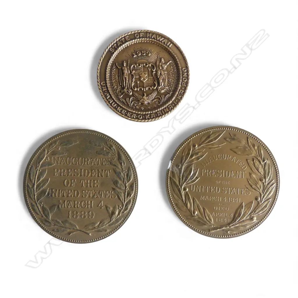 3 BRONZE MEDALLIONS; WILLIAM H. HARRISON, 75mm dia, BENJAMIN HARRISON, STATE OF HAWAII 1959 Image 1++