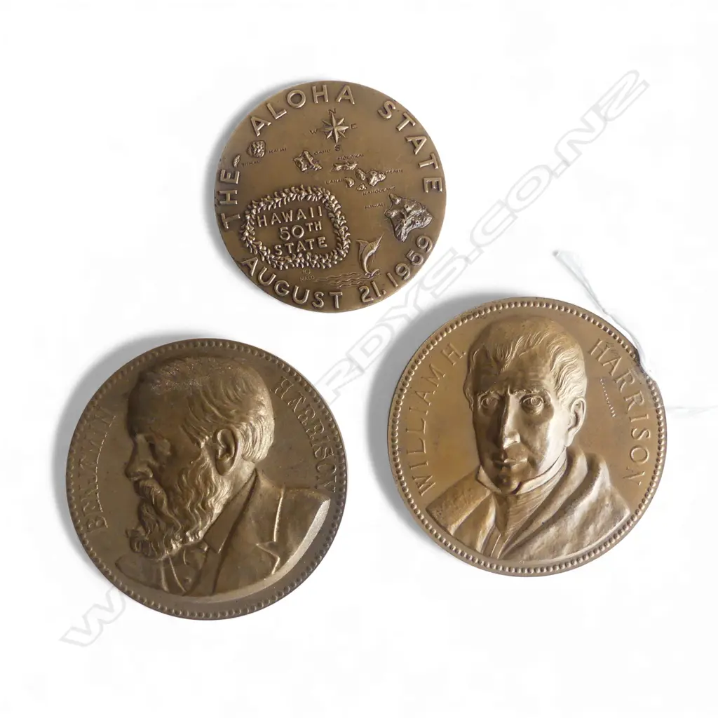 3 BRONZE MEDALLIONS; WILLIAM H. HARRISON, 75mm dia, BENJAMIN HARRISON, STATE OF HAWAII 1959 Image 1++