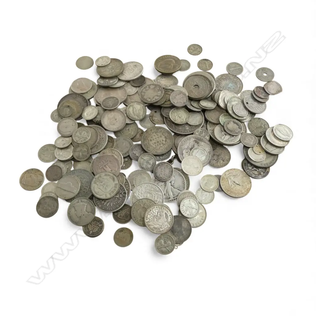 COLLECTION ASST. MOSTLY SILVER ANTIQUE & EARLY 20thC N.Z. & WORLD COINS Incl. 3 PENCE OF VARIOUS DATES Image 1++