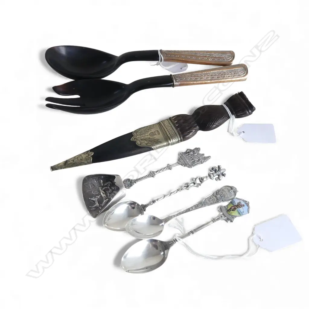 2 VICT. HORN SALAD SERVERS, WOOD & BRASS DIRK & 4 SOUVENIR TEASPOONS, 2 SILVER 25gm Image 1++