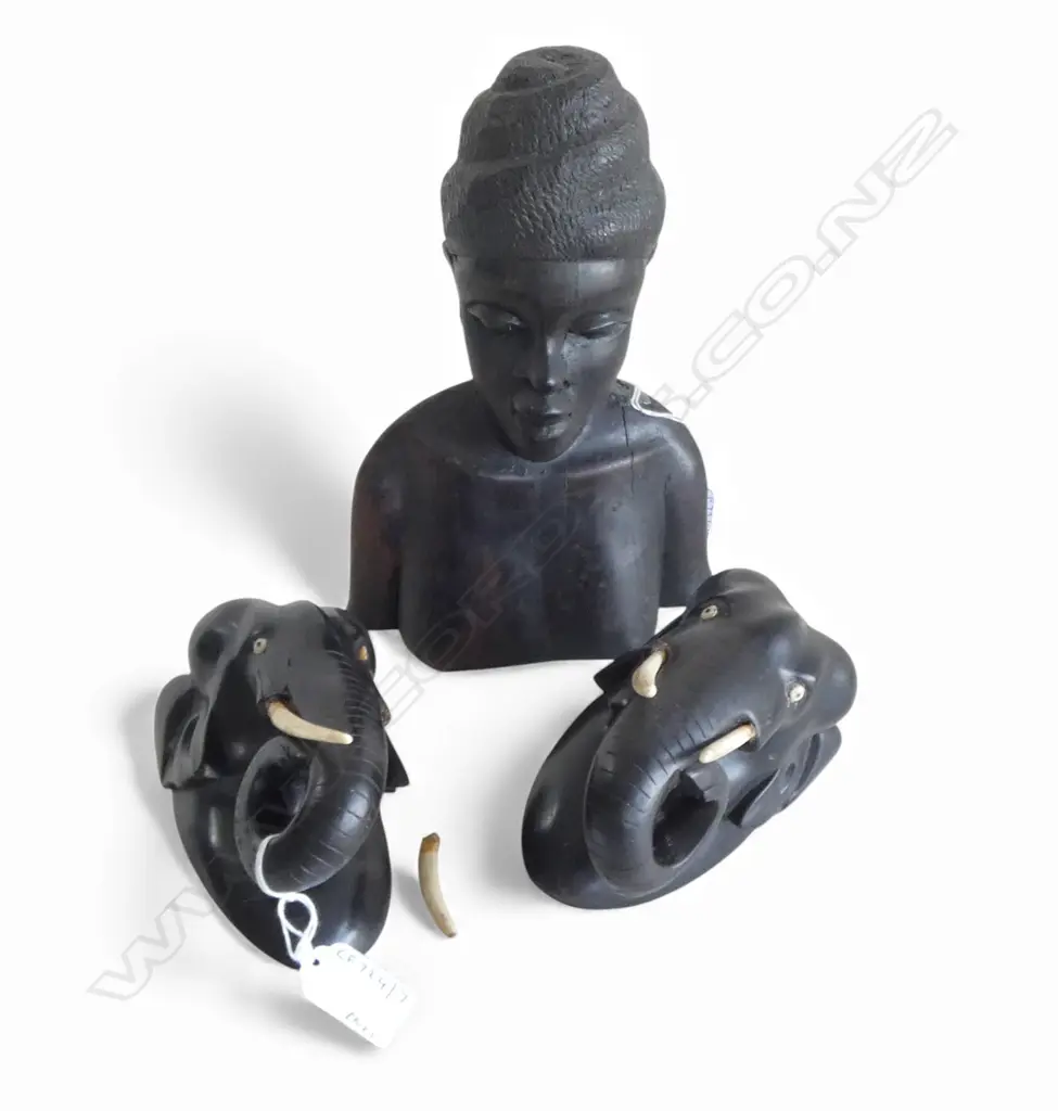 PR CARVED EBONY WALL ELEPHANTS L130MM & EBONY BUST H240MM - ONE TUSK MISSING Image 1++