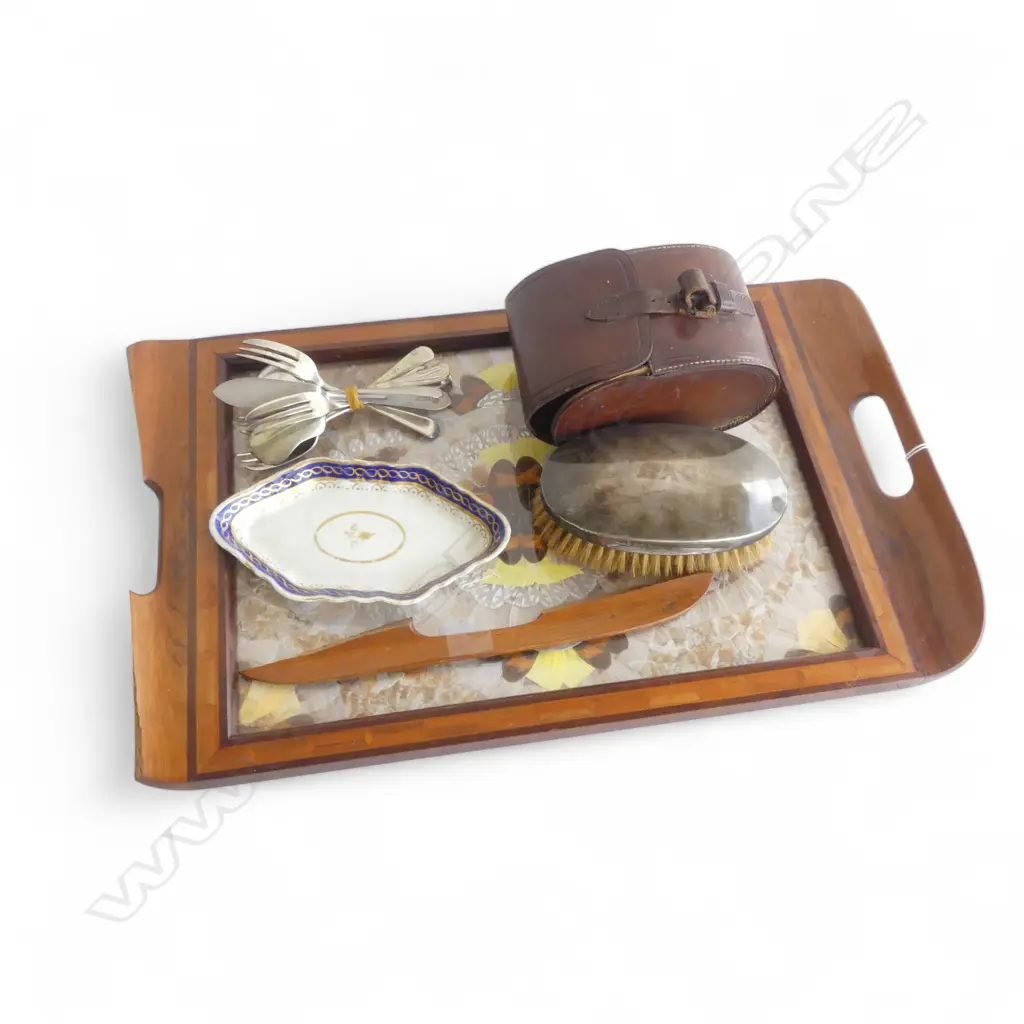 BUTTERFLY WING & wood inlay TRAY (needs repair), SILVER TOPPED BRUSH (240gms total w), VINTAGE SPOONS (1 silver) Etc Image 1++
