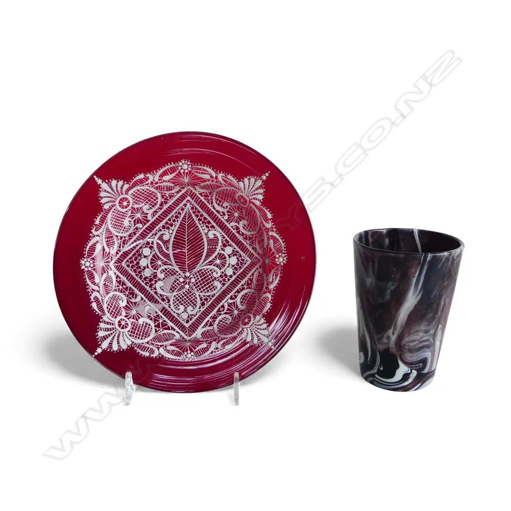 2 OLD GLASS PCES: slag or marble glass beaker + ruby glass dish w white enamelled 'lace' work Image 1++