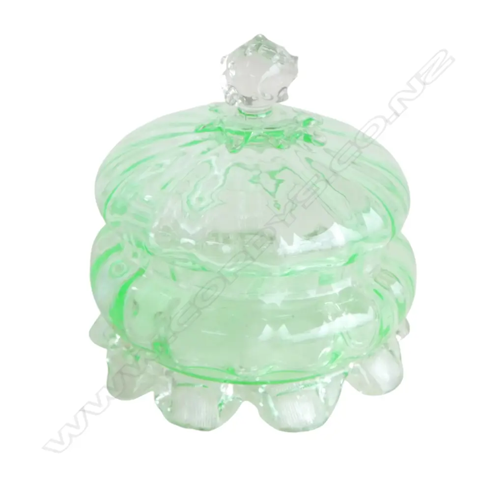 URANIUM CLEAR GLASS LIDDED JAR H.130mm Image 1++