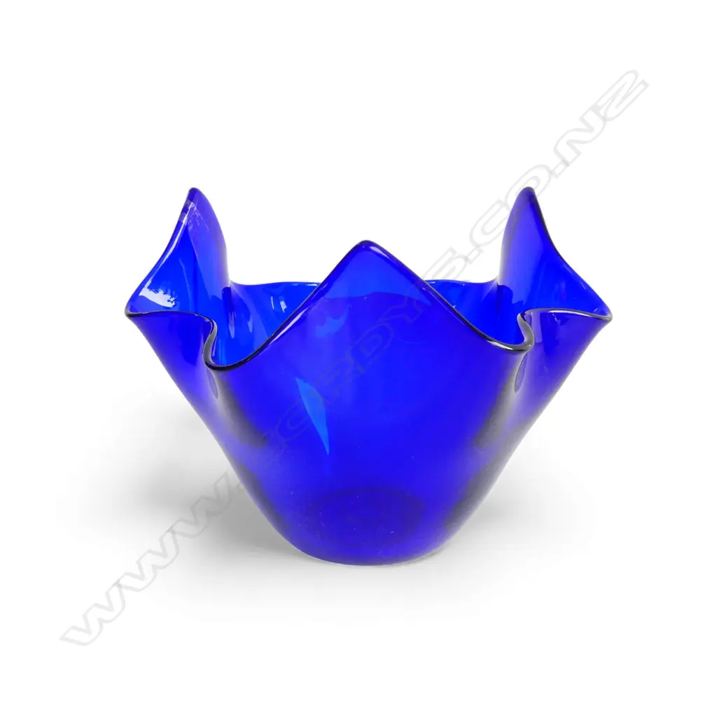 BLUE ART GLASS HANDKERCHIEF VASE, SIGNED H.180mm Image 1++