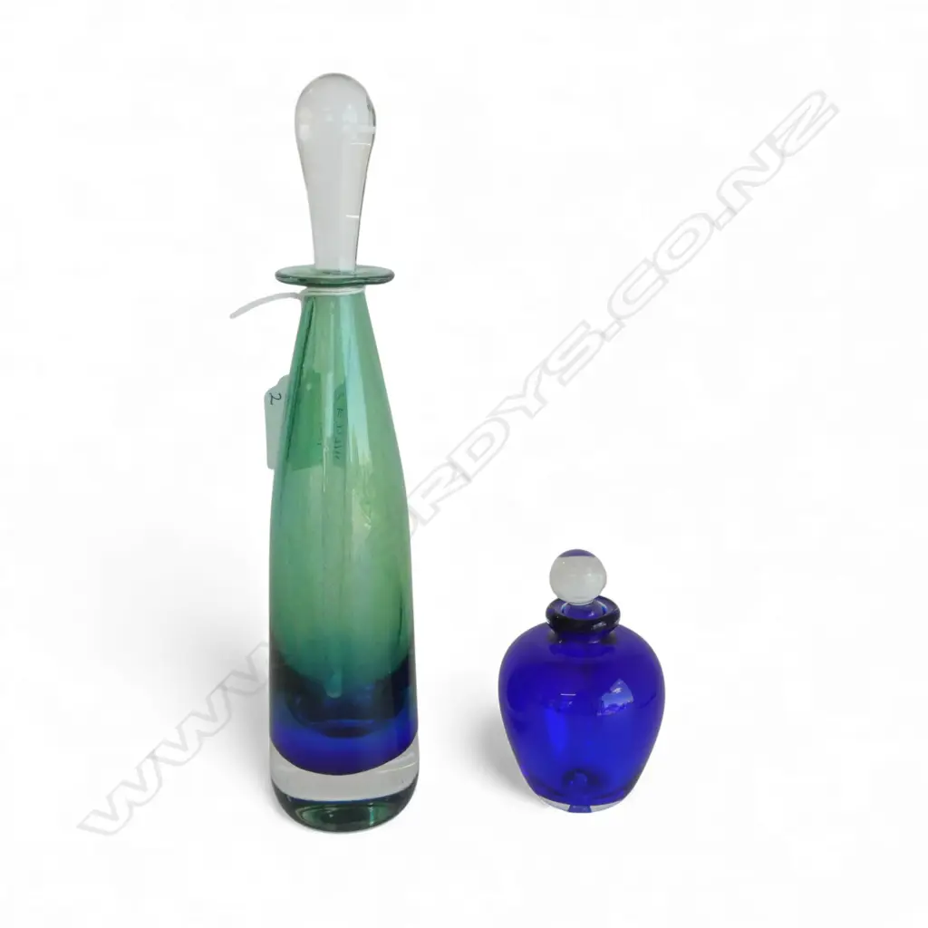2 NZ SIGNED ART GLASS PERFUME BOTTLES H.240mm (smaller Raos 1989) Image 1++
