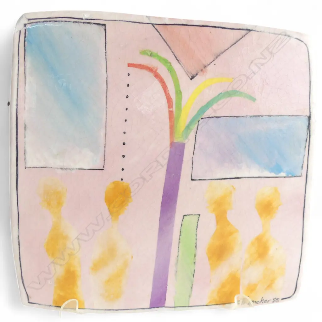 CHRISTINE THACKER FIGURES IN AN INTERIOR 1985 PAINTED AND GLAZED CERAMIC 215 X 210mm (Chip to top left corner) Image 1++