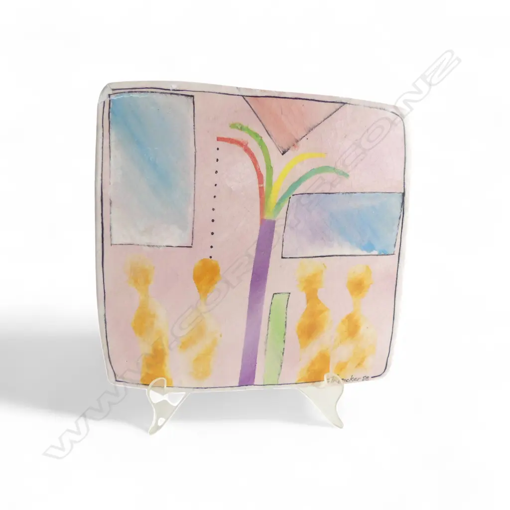 CHRISTINE THACKER FIGURES IN AN INTERIOR 1985 PAINTED AND GLAZED CERAMIC 215 X 210mm (Chip to top left corner) Image 1++