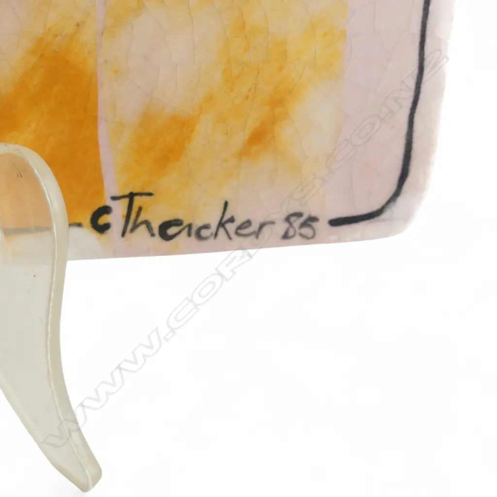 CHRISTINE THACKER FIGURES IN AN INTERIOR 1985 PAINTED AND GLAZED CERAMIC 215 X 210mm (Chip to top left corner) Image 1++