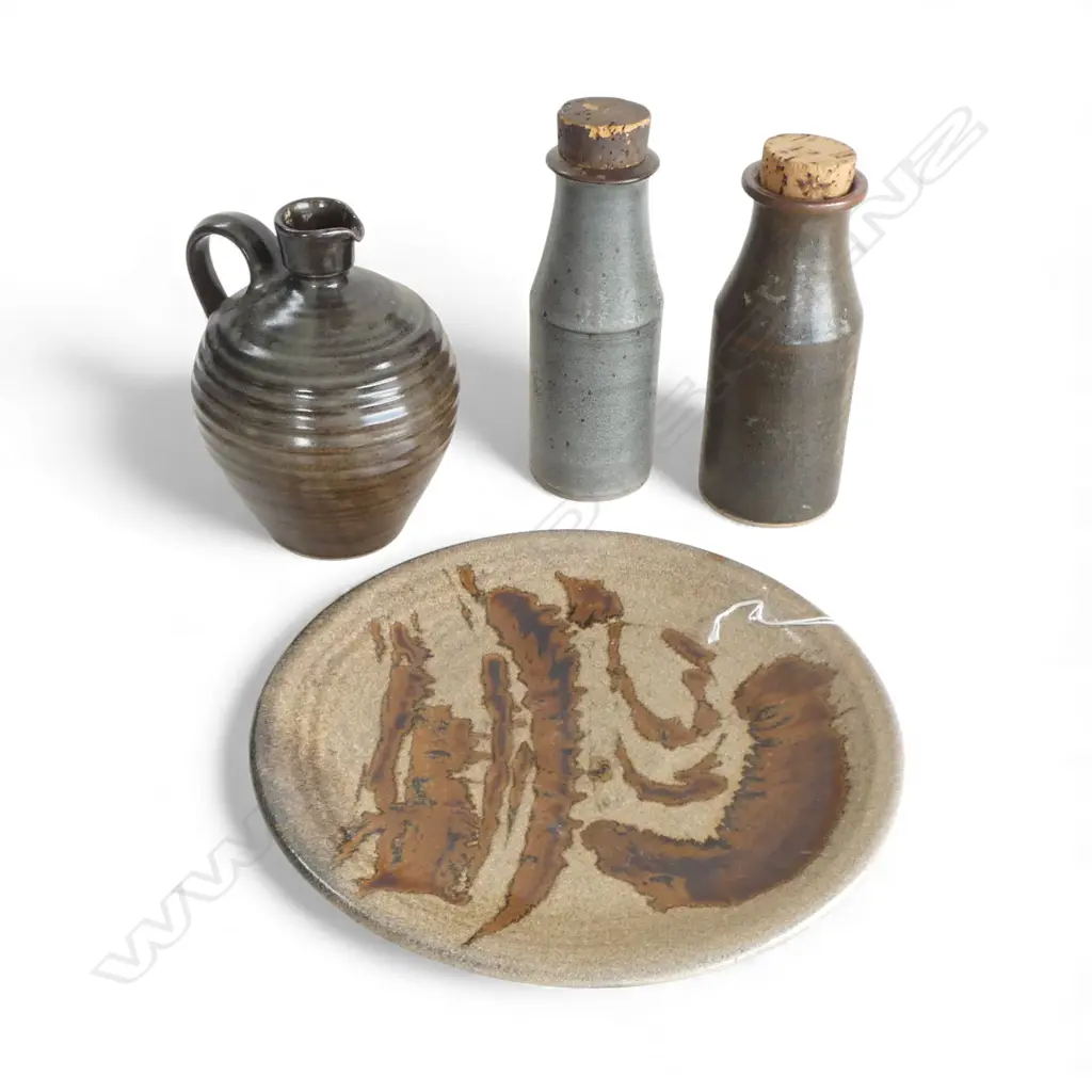 NZ STUDIO POTTERY PLATTER DIA300MM JUG H200MM & 2 CORK STOPPERED BOTTLES H200MM Image 1++