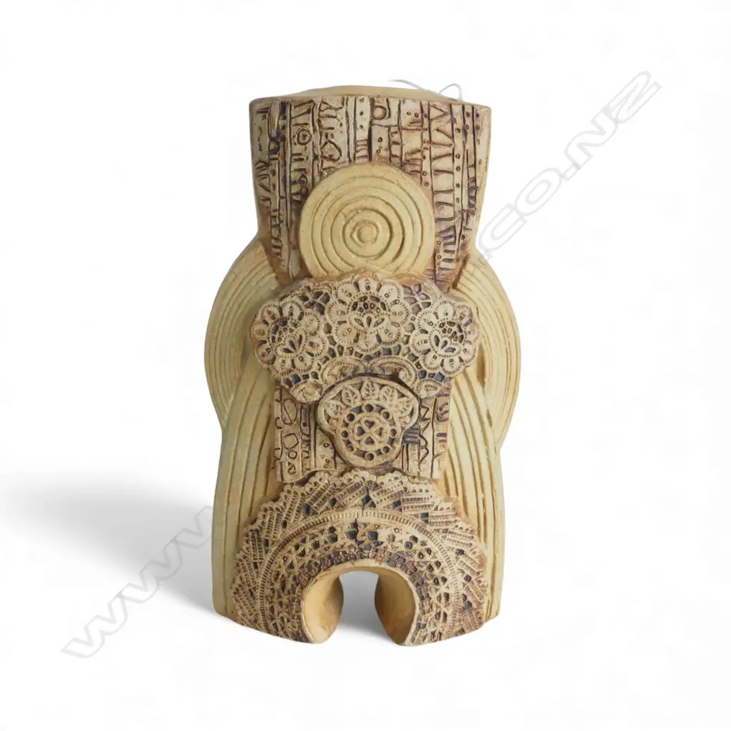 Bernard Rooke c.1970's English pottery sculpted vase figural form with fine lace like impressions. H.275mm Image 1++