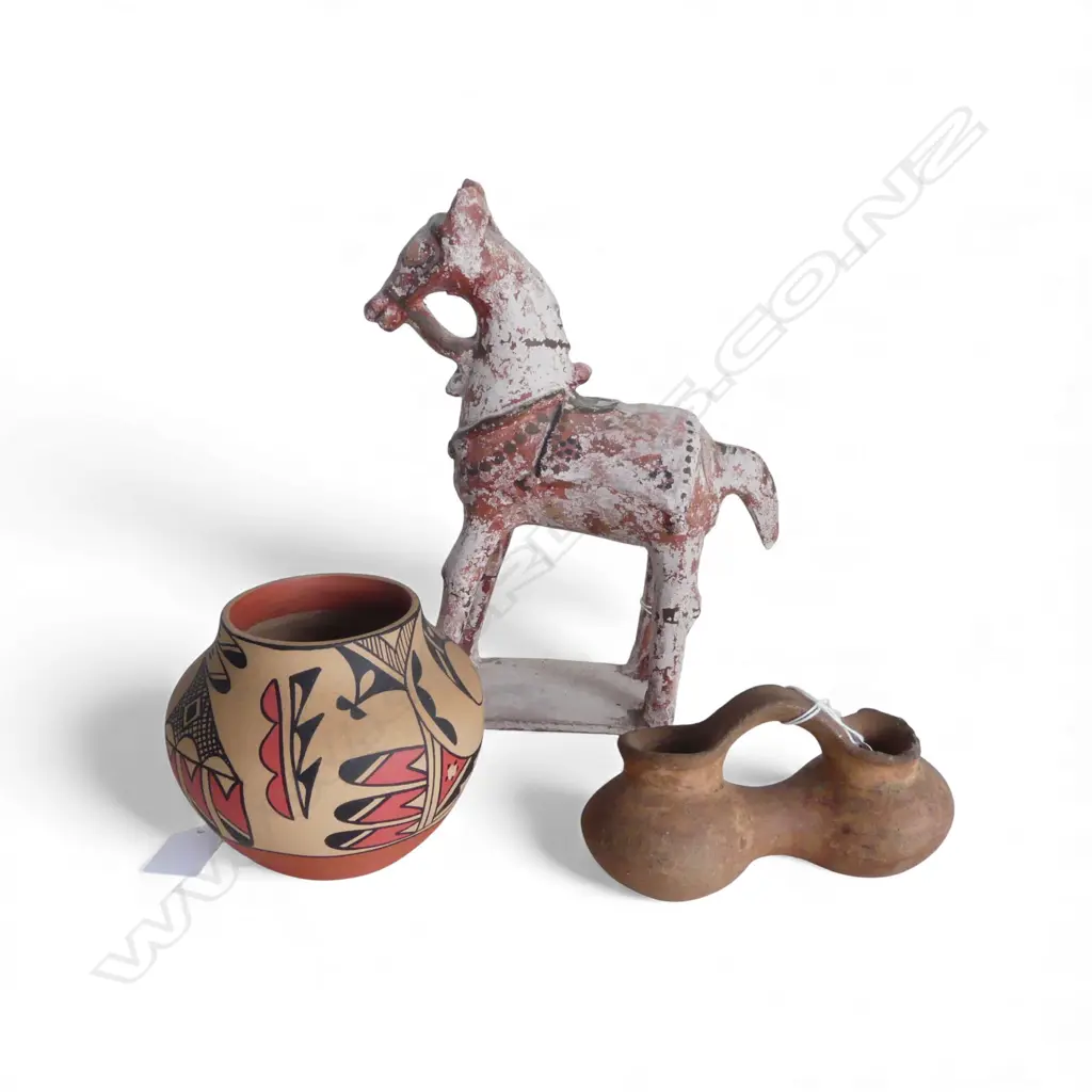 CHINESE TANG STYLE HORSEH280MM &2 S/AMERICAN POTTERY VESSELS, H110mm Image 1++