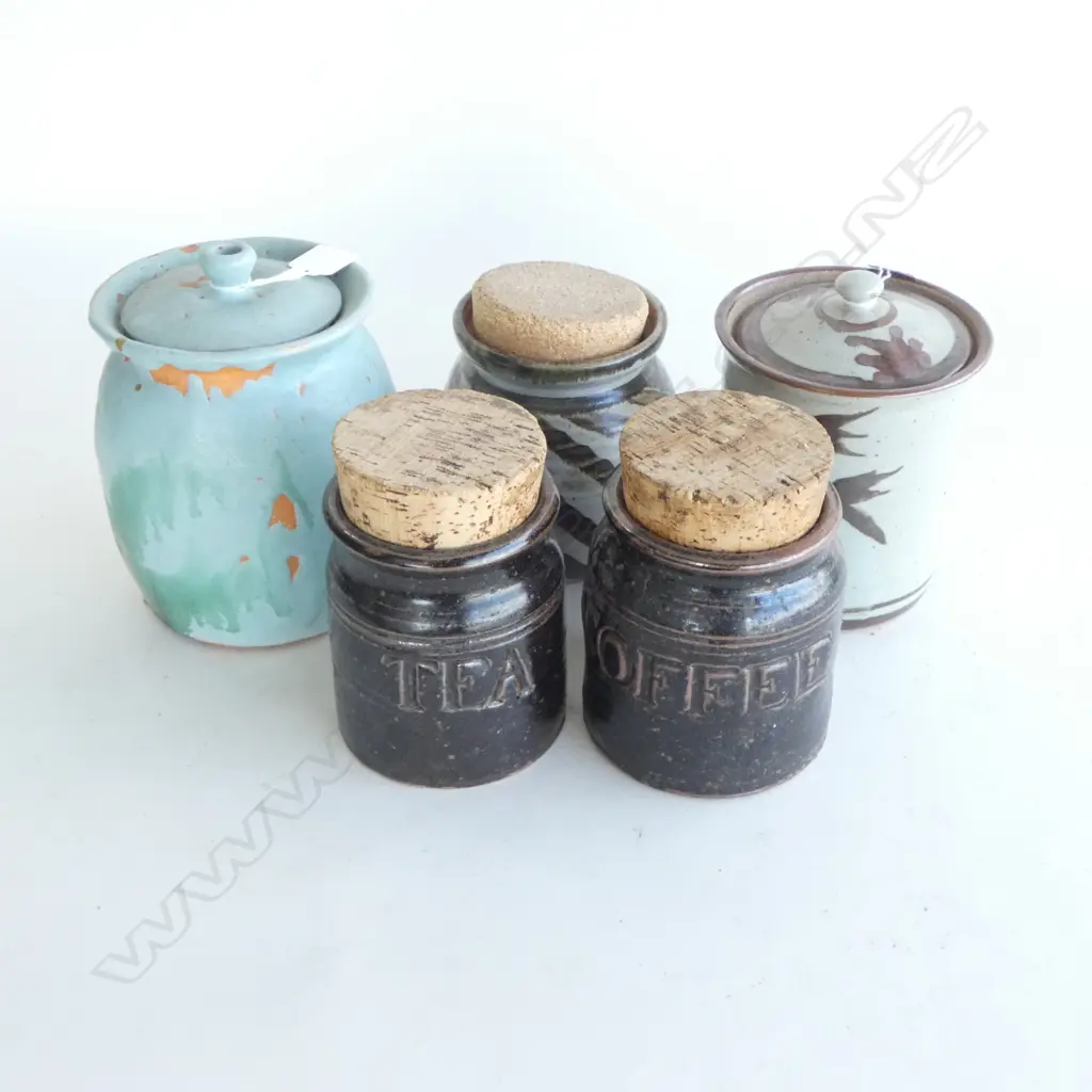 5 NZ STUDIO POTTERY LIDDED KITCHEN JARS 3 CORKED LIDS H160MM Image 1++