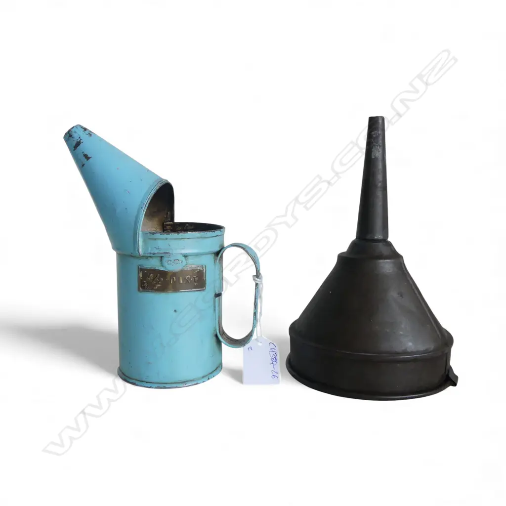 VINTAGE BLUE ENAMEL 1/2 PINT POURER + FUNNEL H.190mm Image 1++