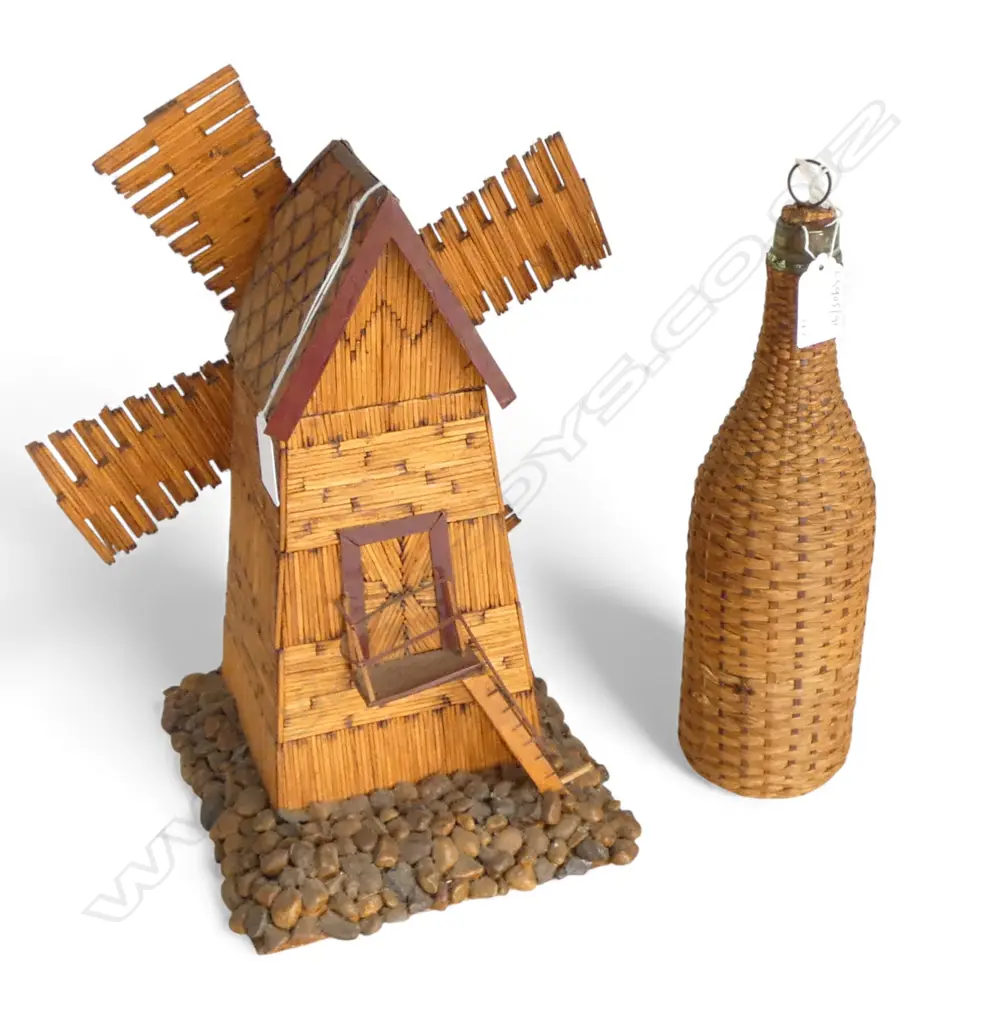 FOLK ART MATCHSTICK WINDMILL H330MM & VINTAGE WICKER BOTTLE H270MM Image 1++