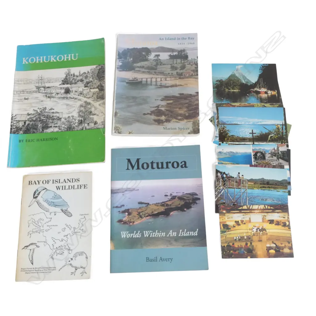3 BOOKS; 2 MOTUROA ISLAND, 1 KOHUKOHU + BAY OF ISLANDS WILDLIFE BOOKLEY & ASST. POSTCARDS Image 1++