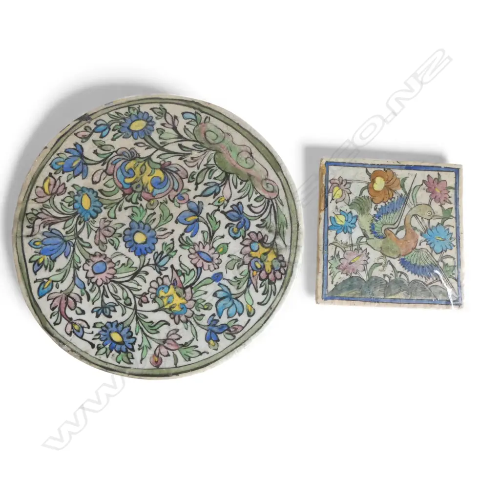 2 HAND DECORATED TILES; 370mm dia / 195x195mm Image 1++