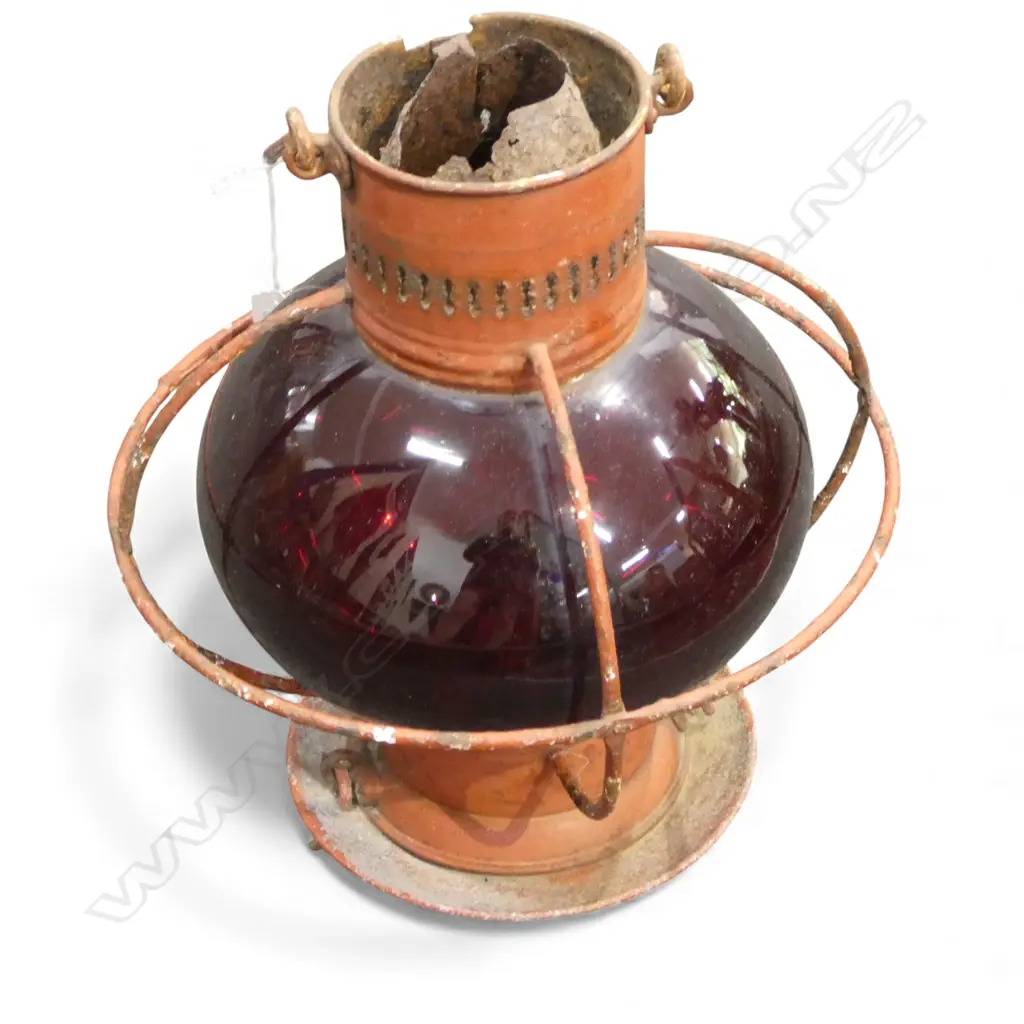 COPPER & RED GLASS SHIPS LANTERN H.490mm Image 1++