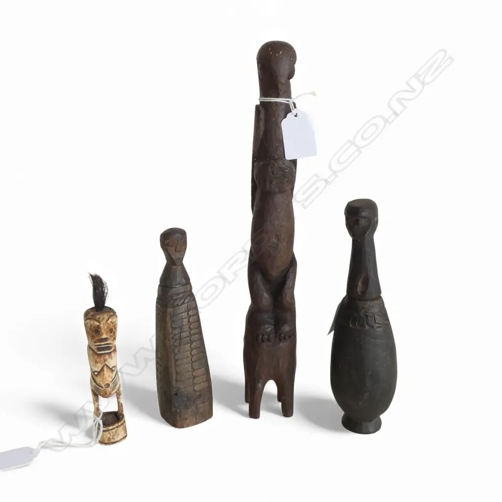 4 ETHNIC CARVED FIGURAL PCS, 2 AS STORAGE VESSELS, Heights:110-300mm Image 1++