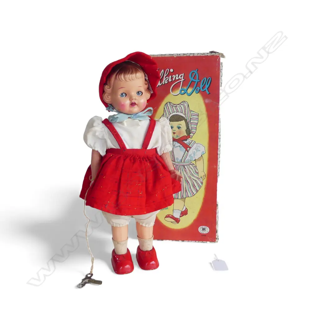 VINTAGE WIND UP 'WALKING DOLL - SLEEPS AND WALKS' DOLL in original box No.1388 made in Japan H.340mm Image 1++