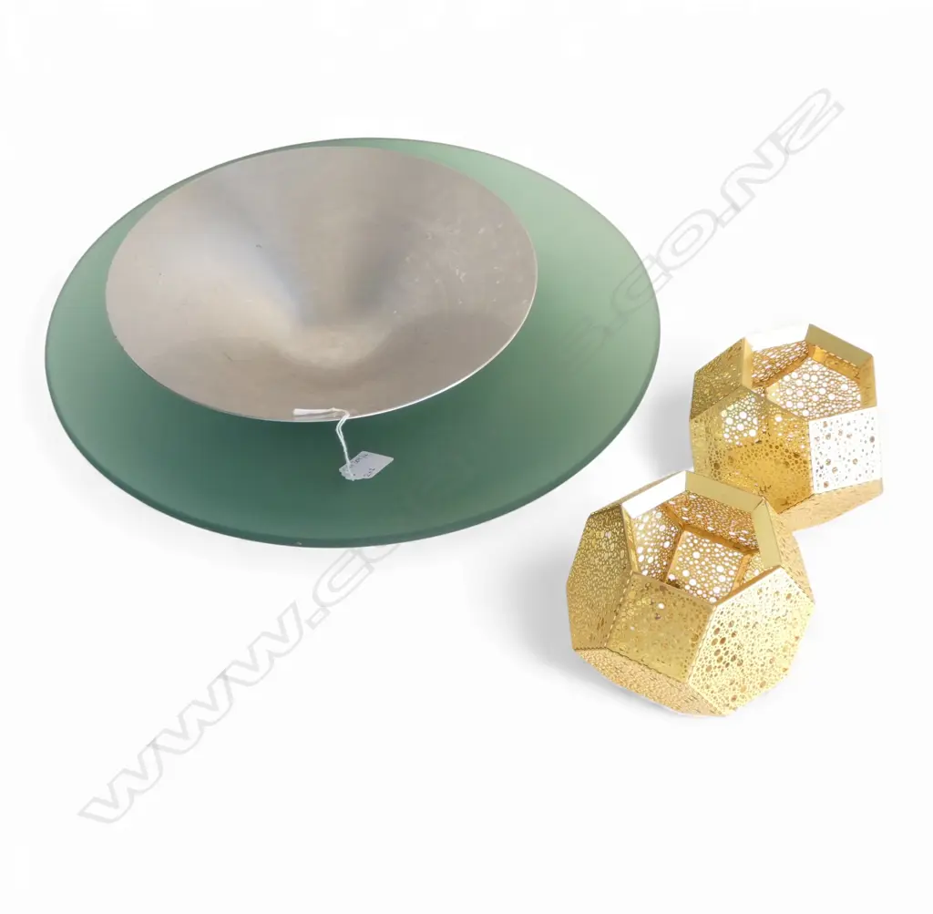 2 TOM DIXON 'ETCH' CANDLEHOLDERS, JORGEN MOLLER ROYAL COPENHAGEN BOWL 280mm dia, DARRYL FAGENCE GLASS BOWL 410mm dia Image 1++