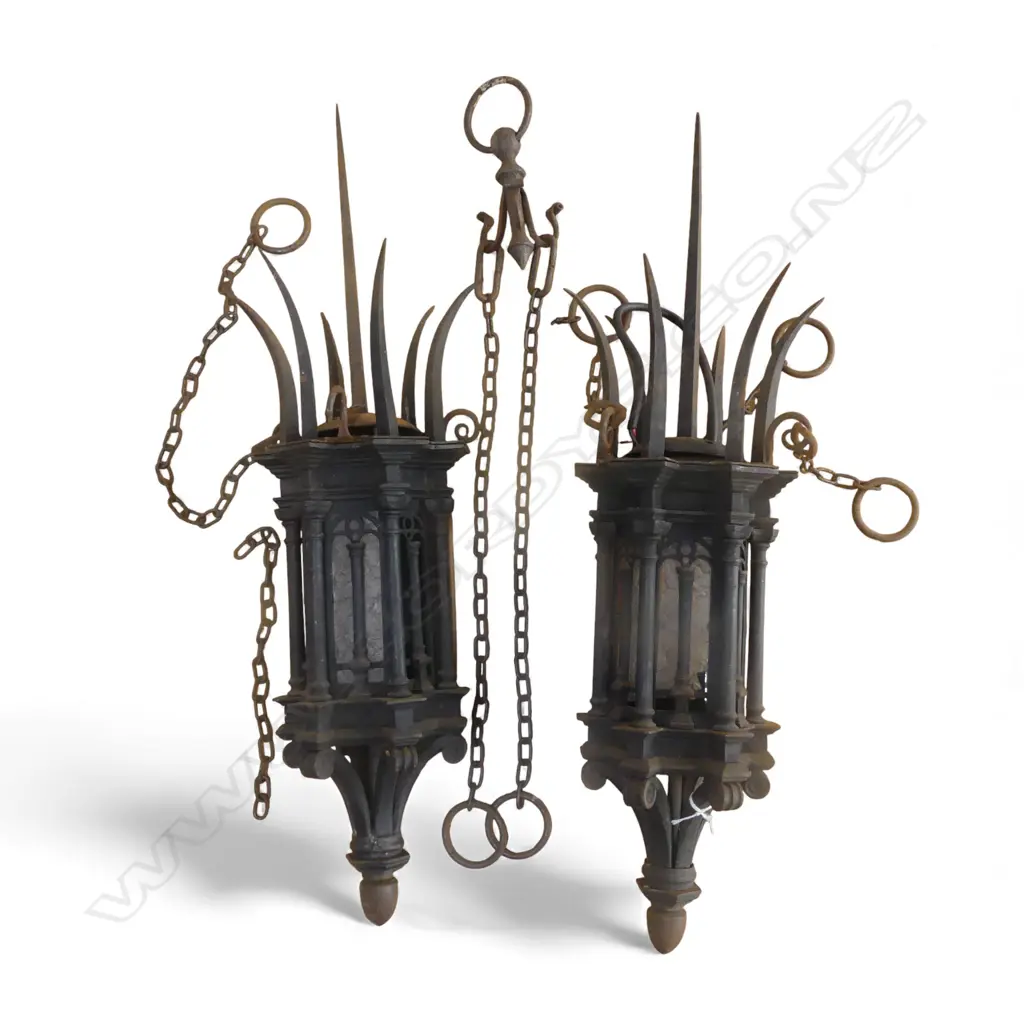 c.1900 ARTS & CRAFTS IRON GOTHIC-STYLE LAMPS, GLASS PANELS (SOME ABSENT) SPIKED ATTACHED DETAIL, H.440mm Image 1++