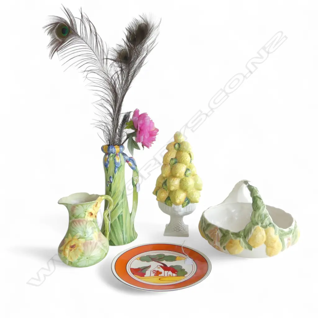 A WEDGEWOOD CLARICE CLIFF BIZARRE PLATE WITH A ROYAL WINTON REGINA PITCHER (CRACK TO SPOUT) AND ROYAL WINTON IRIS VASE Image 1++