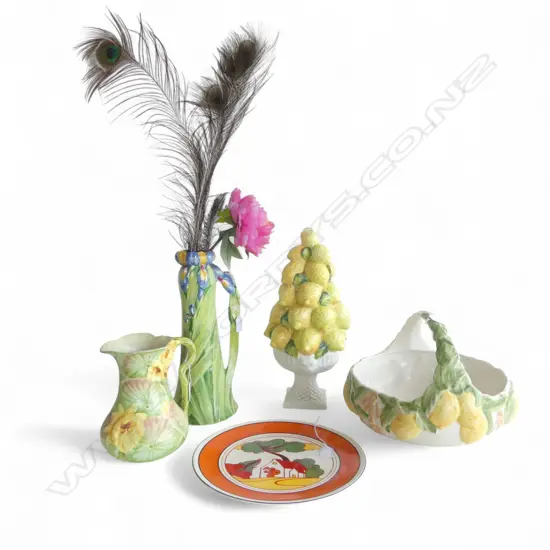 A WEDGEWOOD CLARICE CLIFF BIZARRE PLATE WITH A ROYAL WINTON REGINA PITCHER (CRACK TO SPOUT) AND ROYAL WINTON IRIS VASE