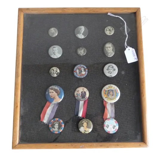 FRAMED & glazed DISPLAY OF 15 VINTAGE ROYALITY BUTTON BROOCHES: QEII ETC