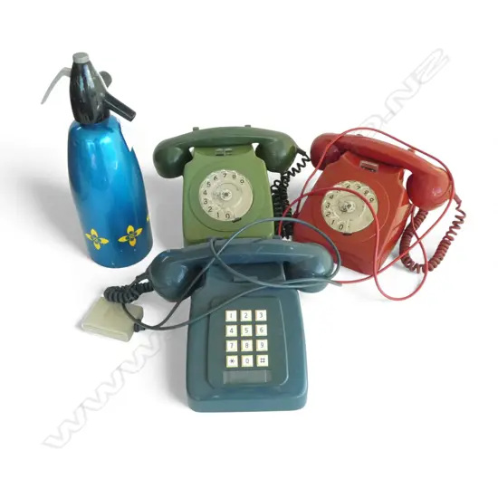 3 VINTAGE PHONES + SODA BOTTLE