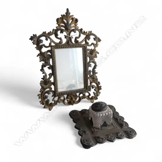 VINTAGE GILT IRON FRENCH TABLE MIRROR + INKWELL