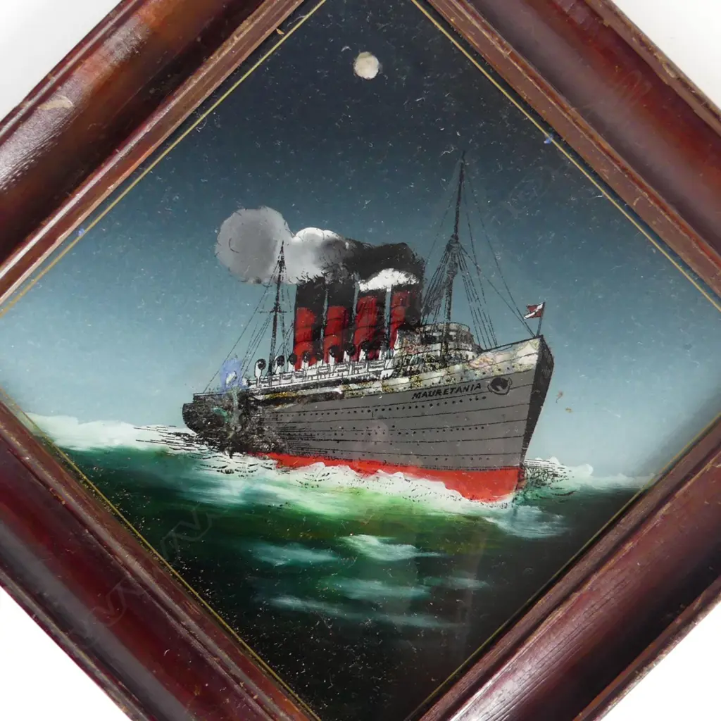 ANTIQUE FRAMED MAURETANIA SHIP HAND PAINTED ON GLASS, CUNARD LINE 300mm X 300mm Image 1++