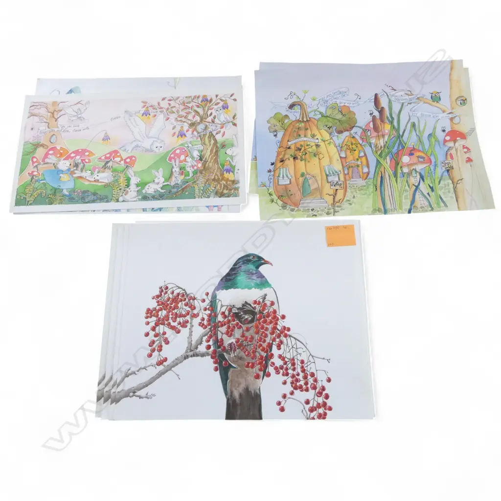 CAROLYN MCCONDACH A GROUP OF WHIMSICAL WATERCOLOURS PLUS SEVEN PRINTS OF WOOD PIDGEONS ON A BRANCH 340 X 440MM (LARGEST) Image 1++