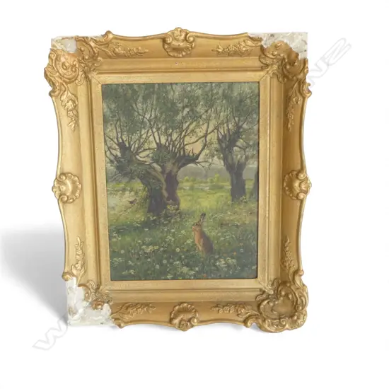 ALFRED WECZERZICK (GERMAN 1864-1952), MEADOW LANDSCAPE w. TREES & RABBIT, OIL ON BOARD 425x325mm FRAME AF