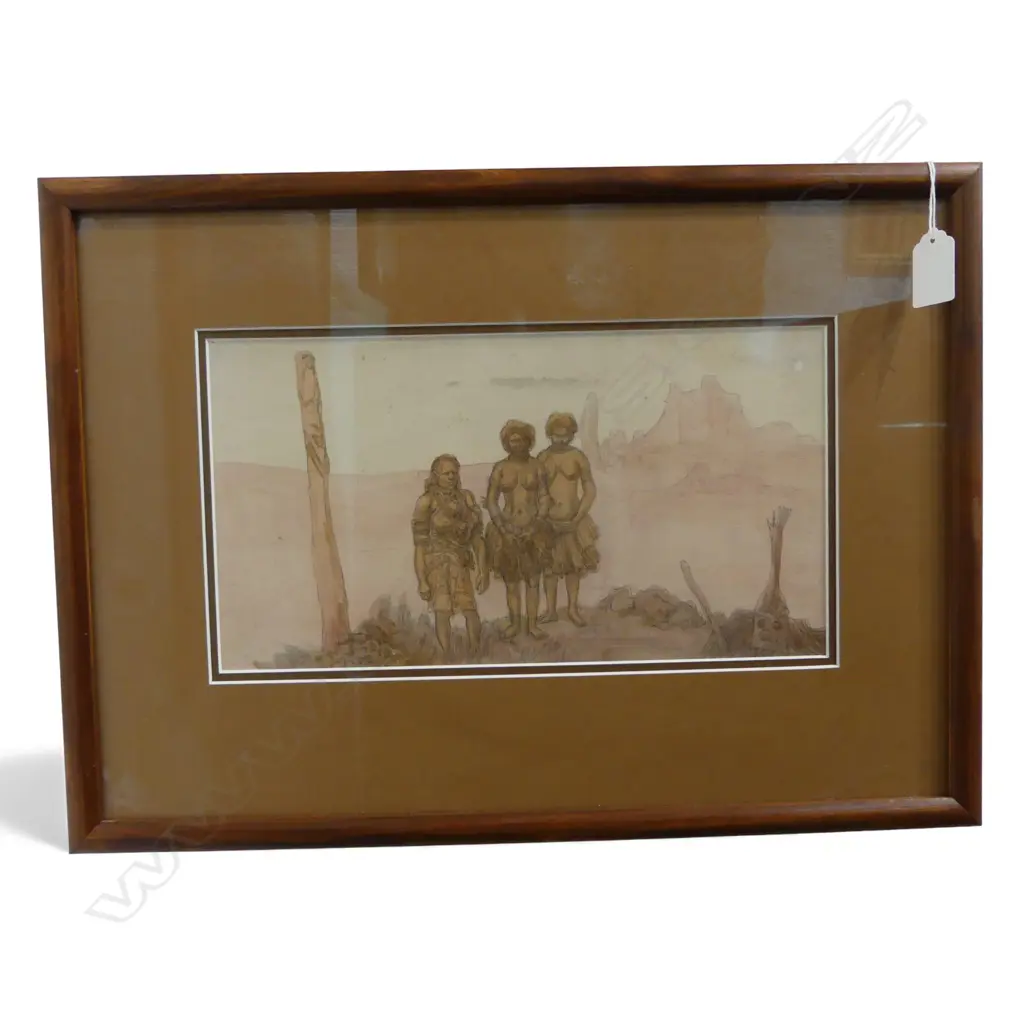 FRAMED GRAPHITE & WATERCOLOUR WORK ON PAPER DEPICTING 3 PAPUAN WOMEN 160x300mm Image 1++