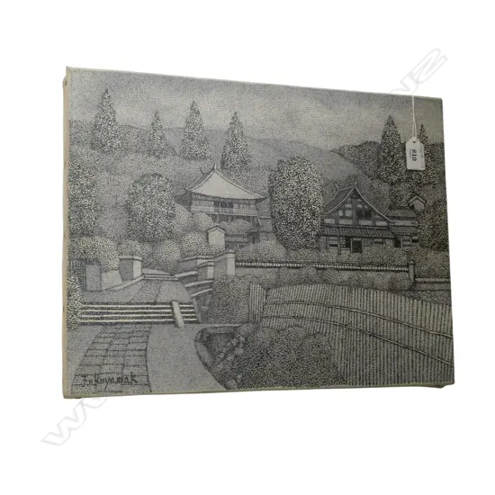VINTAGE JAPANESE POINTILLIST PTG on CANVAS, signed, H.320 x 410mm