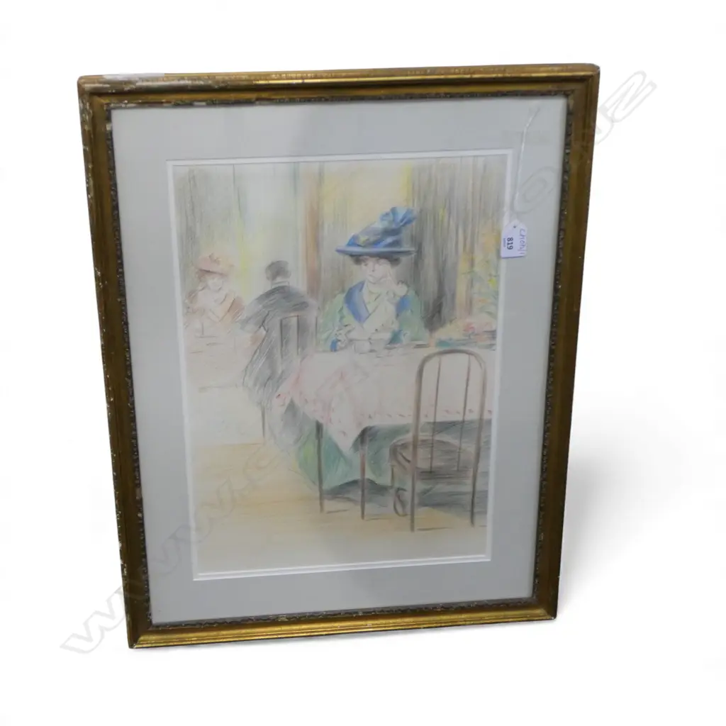 ARTIST UNKNOWN, EDWARDIAN WOMAN AT TABLE, COLOUR PENCIL ON PAPER, 440x300mm Image 1++