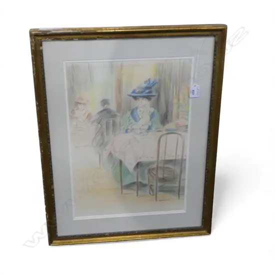 ARTIST UNKNOWN, EDWARDIAN WOMAN AT TABLE, COLOUR PENCIL ON PAPER, 440x300mm