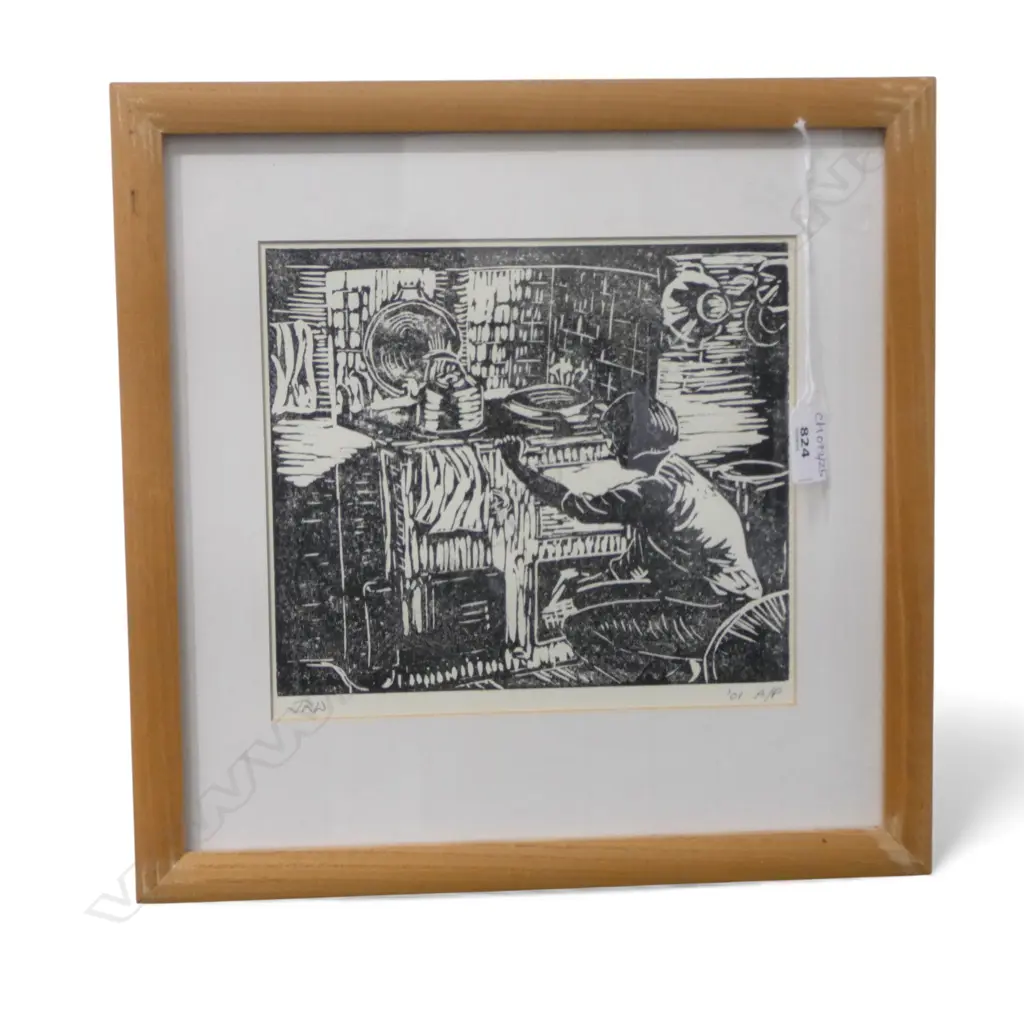 J. R. WESTCOTT, WOMAN & KITCHEN COAL RANGE, LINOCUT A/P 2001 190x215mm Image 1++