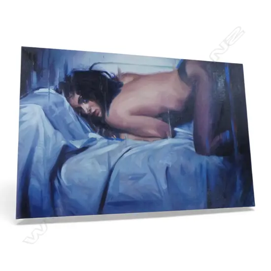 INDISTINCTLY SIGNED, FIGURE STUDY on bed ACRYLIC ON CANVAS, 605x910mm. some paint marks.