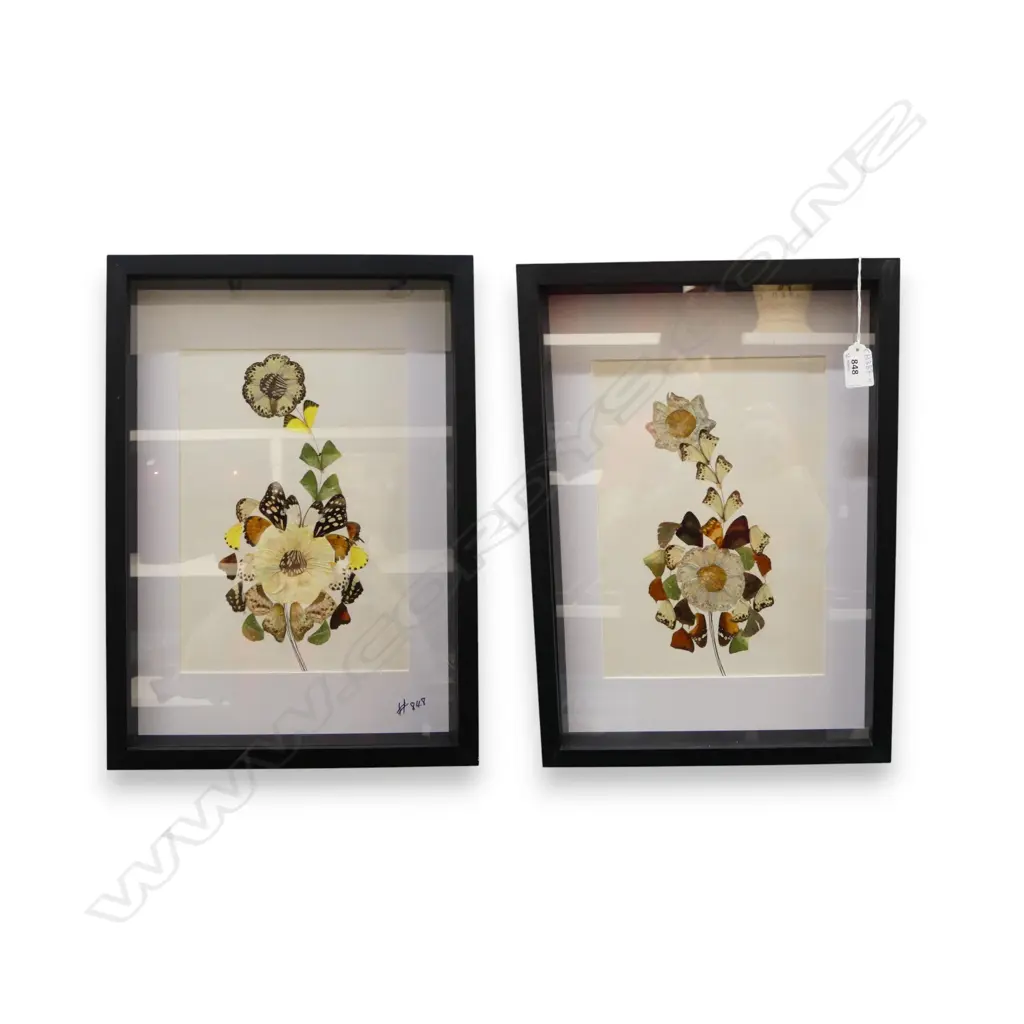 2 FRAMED WORKS; BOTH FLORAL SUBJECTS MADE OF VARIOUS INSECT WINGS 405x285mm Image 1++