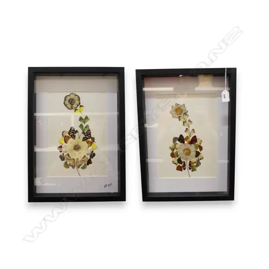 2 FRAMED WORKS; BOTH FLORAL SUBJECTS MADE OF VARIOUS INSECT WINGS 405x285mm