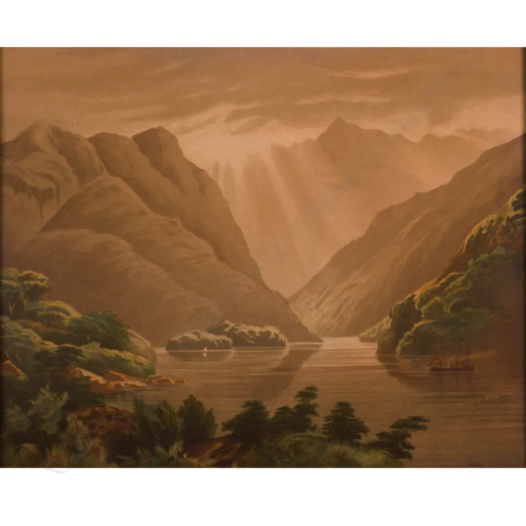 JOHN GULLY 1877 CHROMOLITHOGRAPH - BRADSHAW SOUND OTAGO 295 X 370MM Image 1++