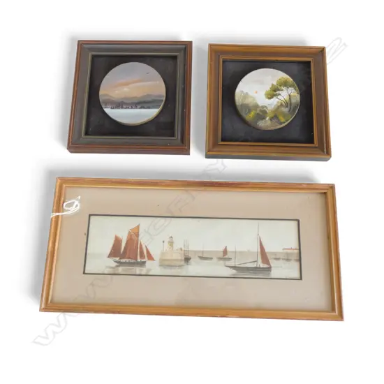 PR FRAMED SMALL SCENIC OILS BY SUZANNE MCINNIS & W/C BOATS SIGNED E CRANSWICK H75 L260MM
