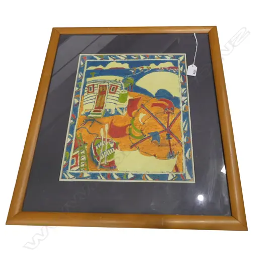 JOHANNA WARD, WAIHEKE LANDSCAPE w. SHED & CLOTHES LINE, OIL ON PAPER 355x290mm C.1990