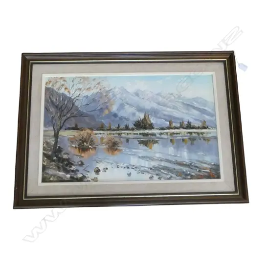 PETER LONG 'STILL WATERS IN THE HAAST PASS' OIL ON BOARD, SIGNED 370x585mm 