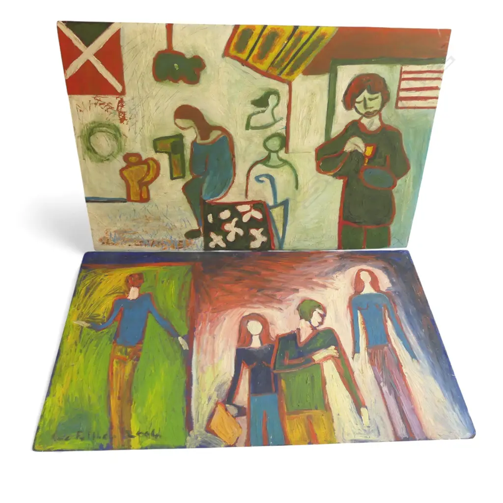 LEE FELTHAM, PEOPLES, ACRYLIC ON BOARD X 2, LGST 800 X 1200MM provenance below Image 1++